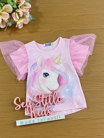 Blusa Infantil Kukie Verão Rosa Unicórnio