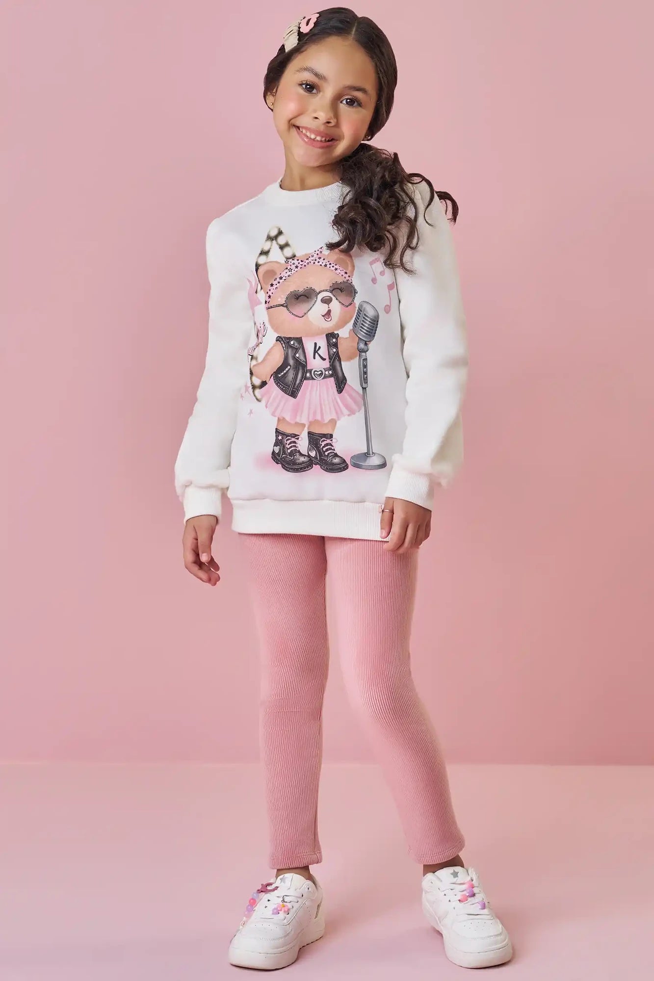 Conjunto Infantil Kukiê Inverno com Calça Legging Rosa e Moletom Flanelado Ursinha Cantora