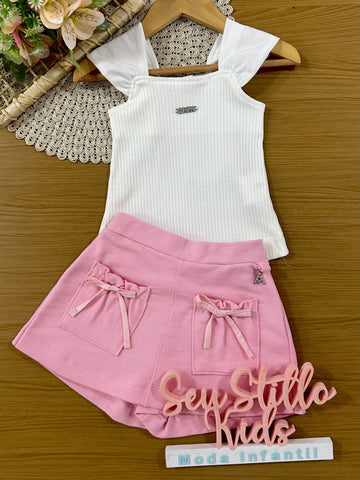 Conjunto Infantil Animê Verão com Shorts Saia Rosa e Blusa Branca com Laço