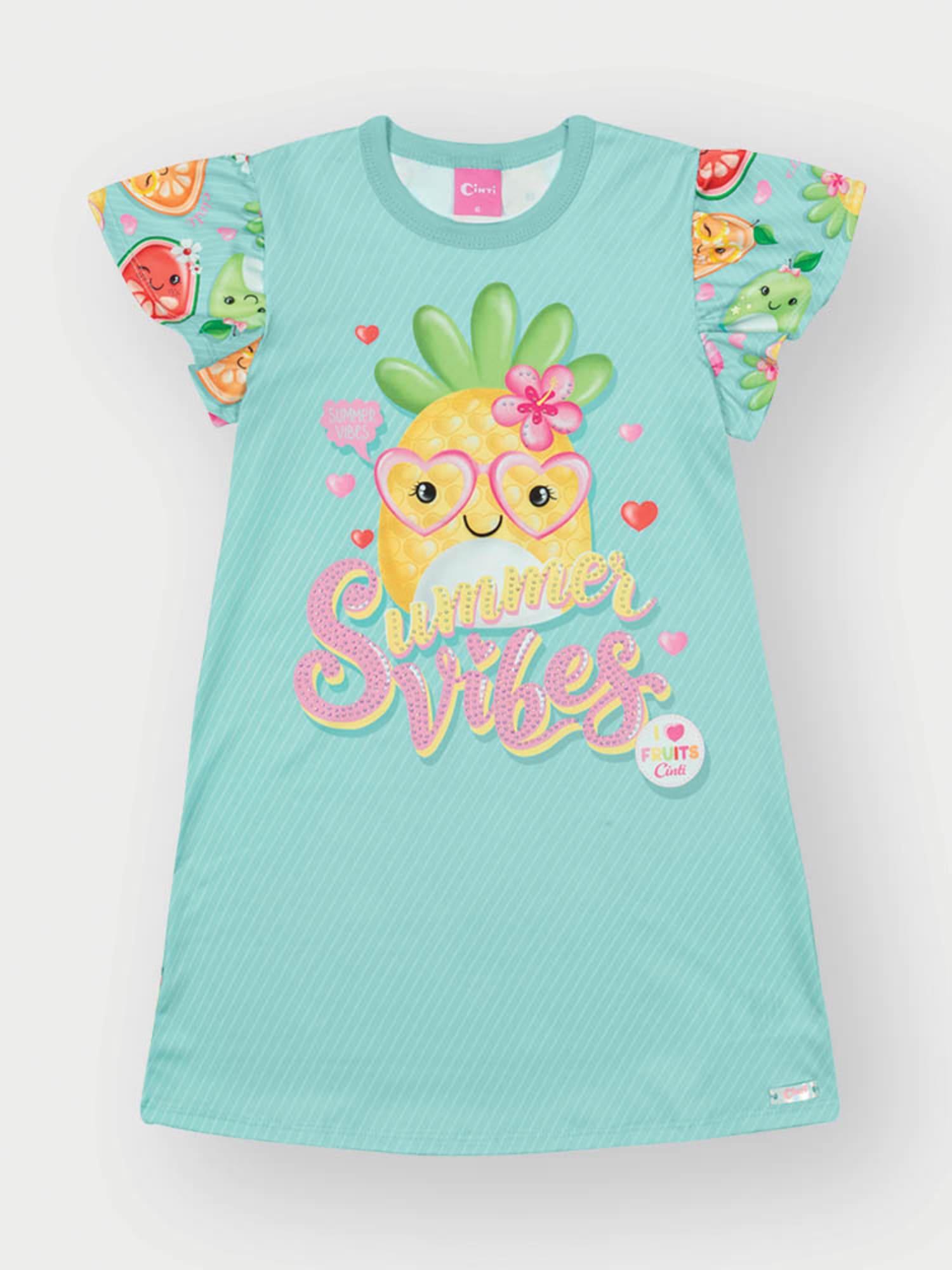 Vestido Infantil Cinti Verão Azul Frutinhas com Strass