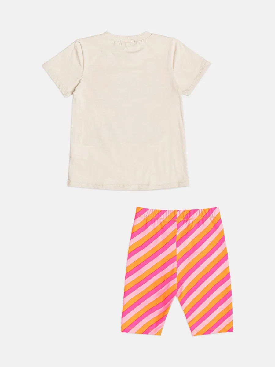 Conjunto Infantil Menina Bimbi Shorts Ciclista Listrado e Blusa Stitch Fruits Disney