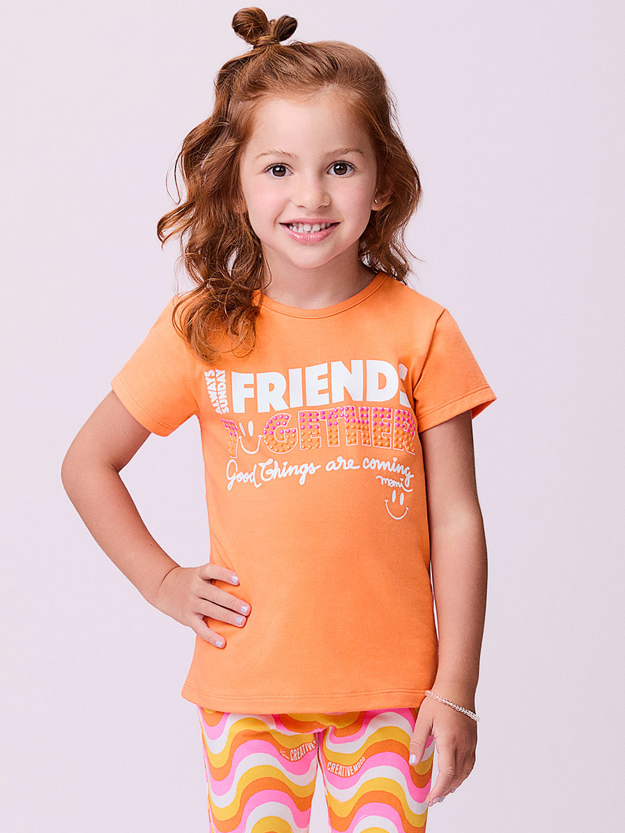 Conjunto Infantil Momi Verão Shorts Ciclista Ondas e Blusa Laranja Friends