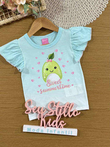 Blusa Infantil Cinti Verão Azul Pera com Strass