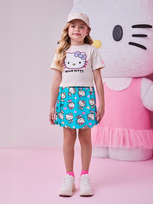 Conjunto Infantil Momi Verão Saia Azul e Blusa Off White Hello Kitty