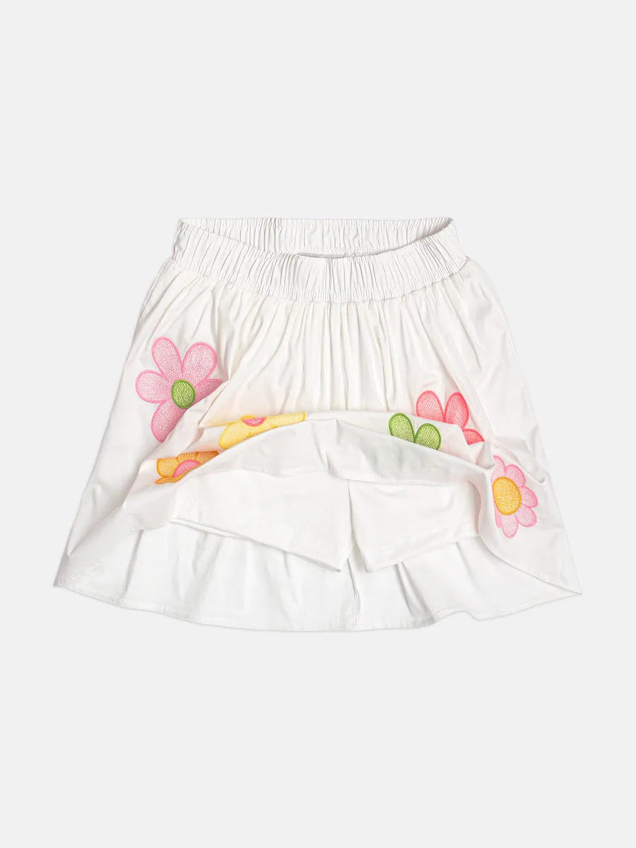 Conjunto Infantil Menina Momi com Saia e Blusa Branca Flores Bordadas