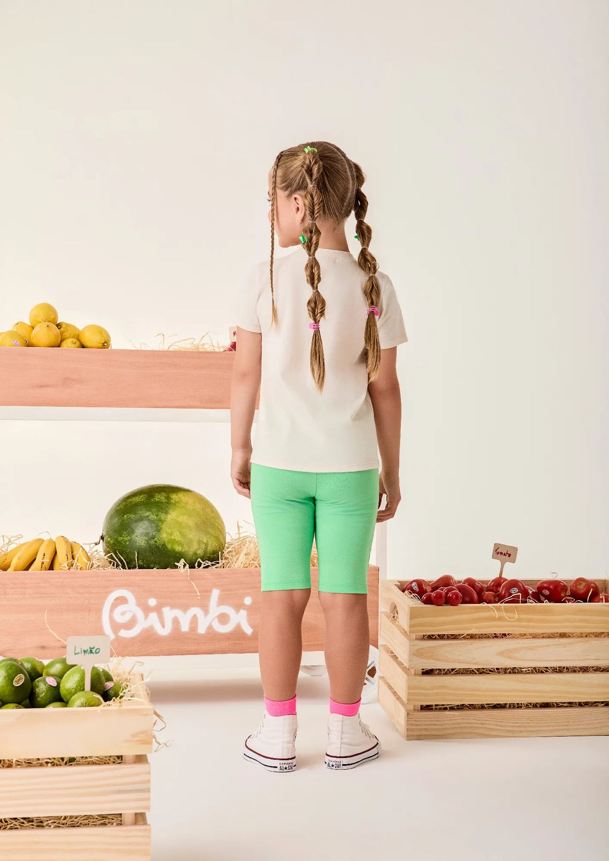 Conjunto Infantil Menina Bimbi Shorts Ciclista Verde e Blusa Bege Picnic