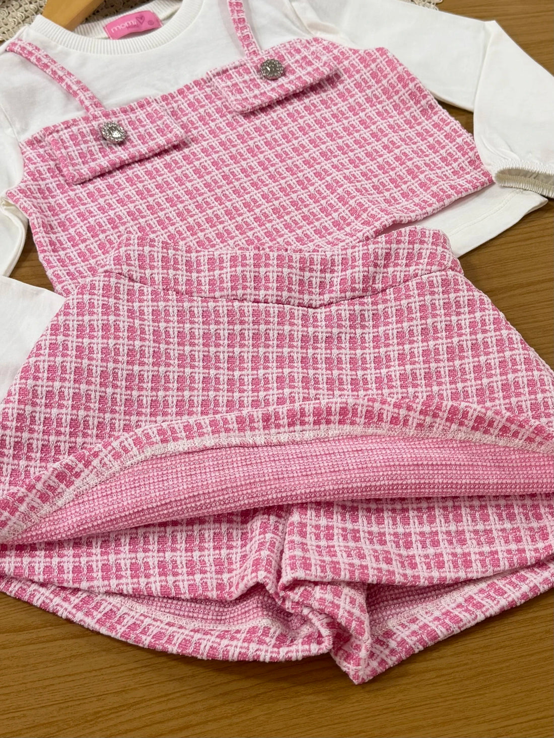 Conjunto Infantil Momi Inverno com Shorts Saia e Blusa Manga Longa Rosa Tweed