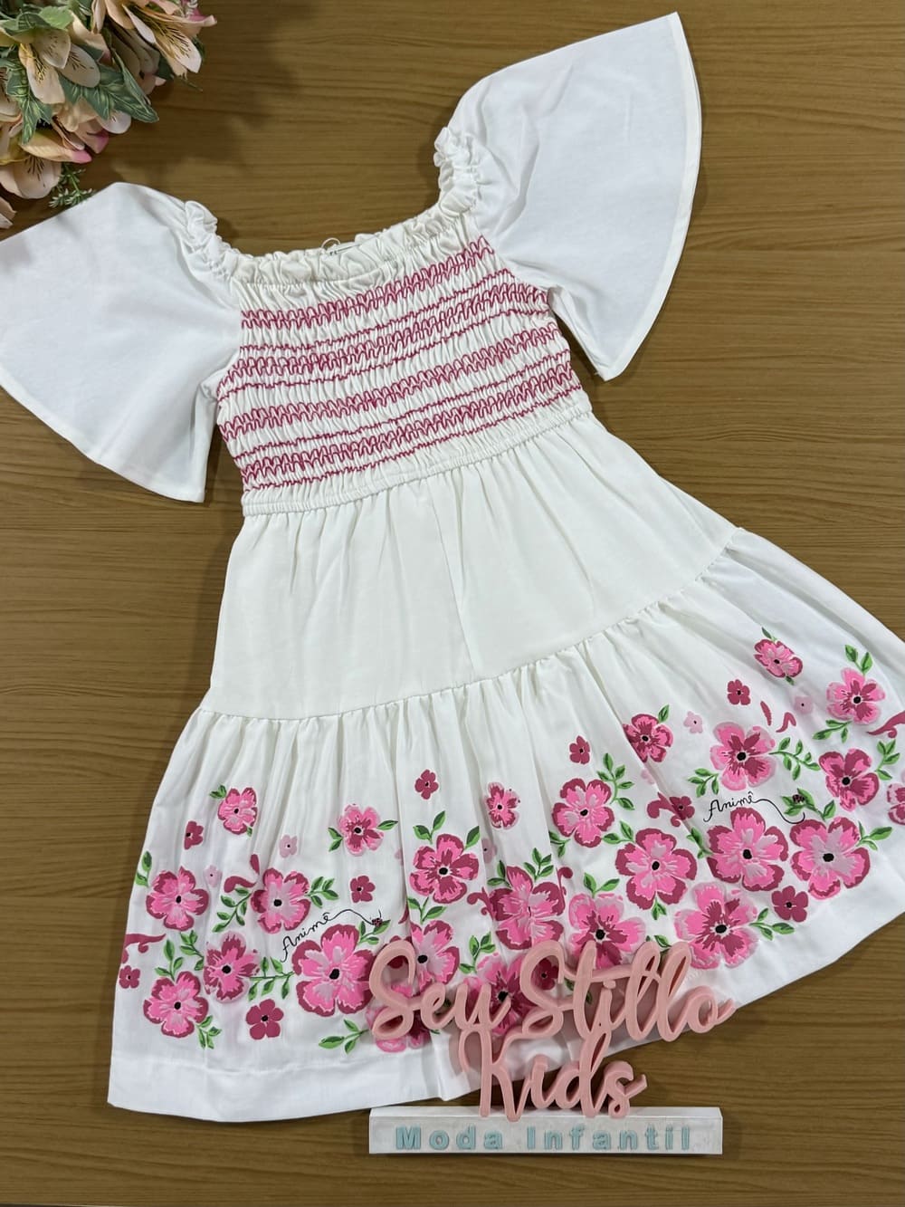 Vestido Infantil Animê Verão Branco Floral Bordado