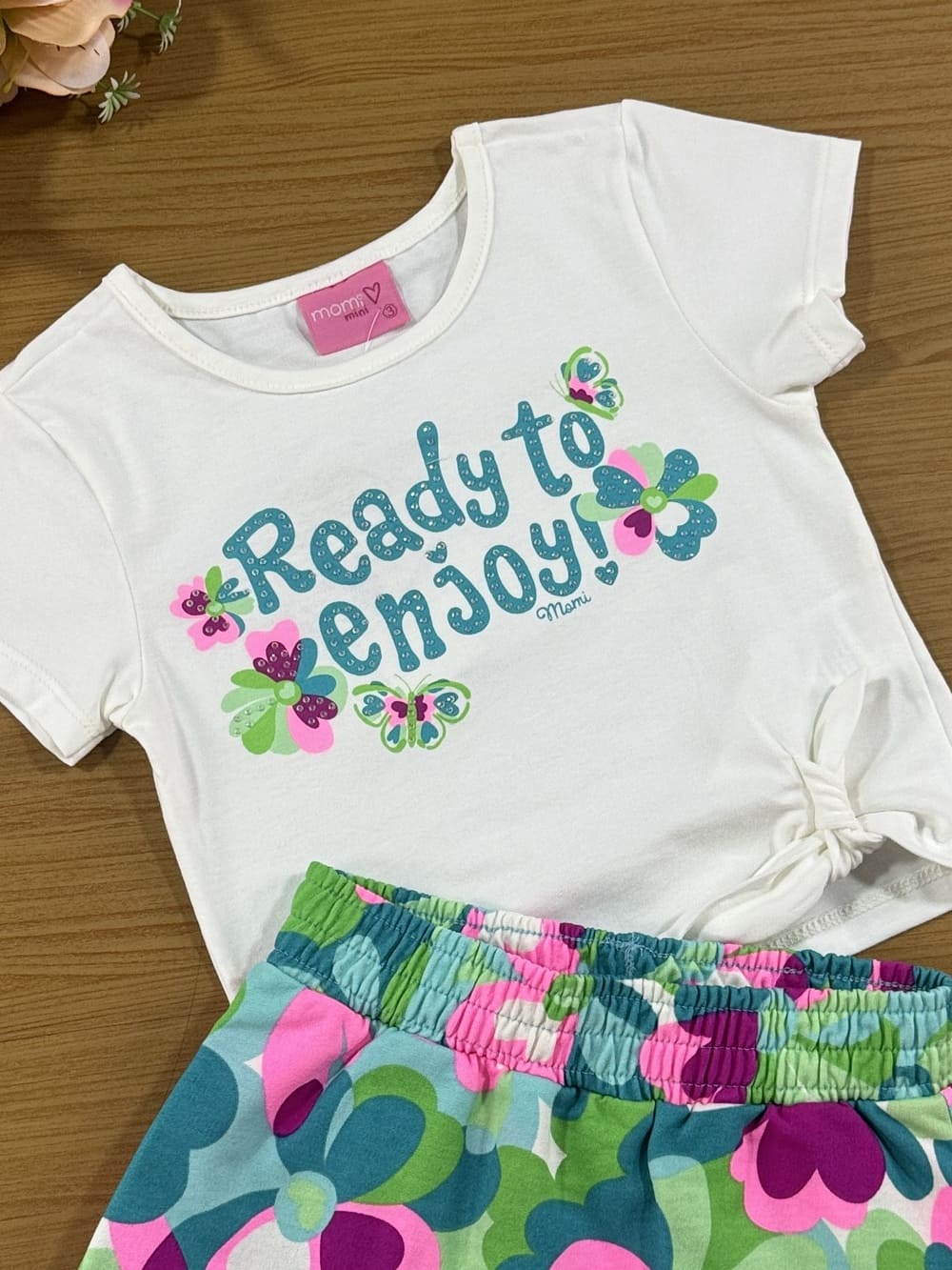 Conjunto Infantil Momi Verão Shorts Saia e Blusa Jardim