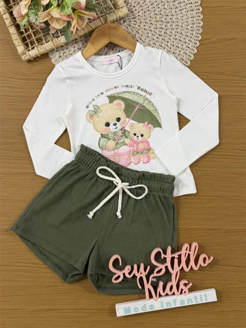 Conjunto Infantil Kukiê Inverno com Shorts Verde e Blusa Manga Longa Ursinhas na Chuva