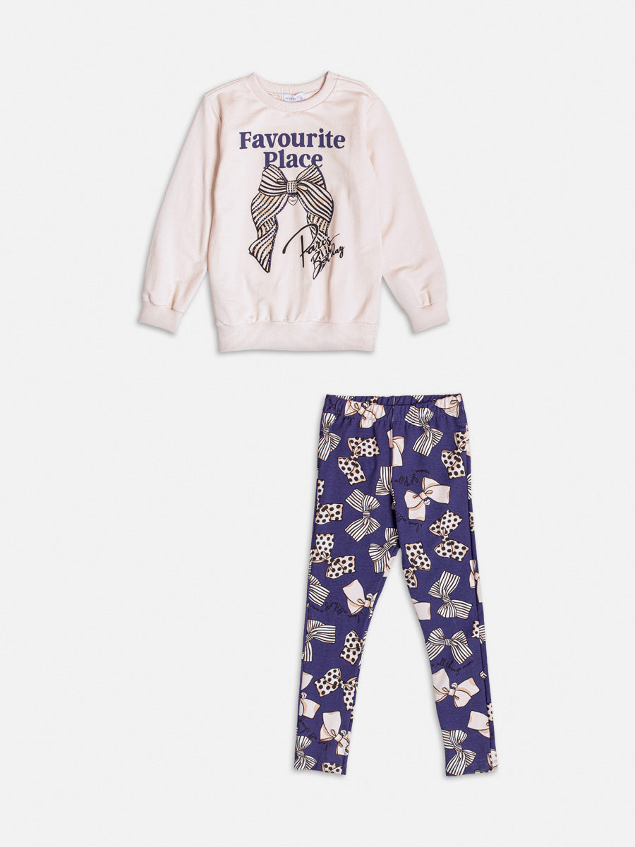 Conjunto Infantil Momi Inverno com Calça Azul e Moletom sem Flanela Bege Lacinho
