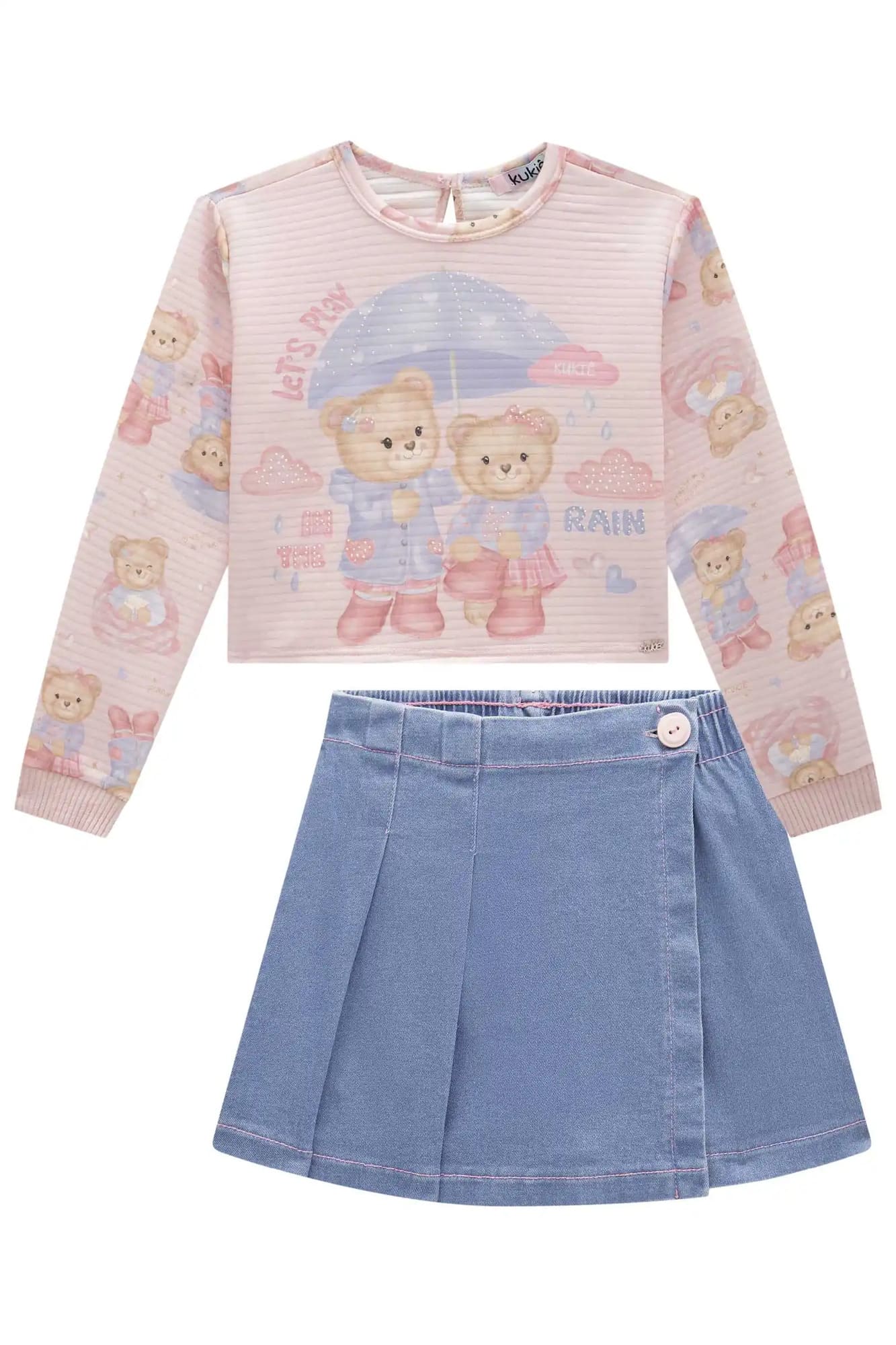 Conjunto Infantil Kukiê Inverno com Shorts Saia Jeans e Blusa Manga Longa Rosa Ursinhas
