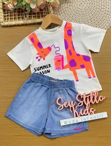Conjunto Infantil Menina Bimbi com Shorts Jeans e Blusa Branca Girafinha