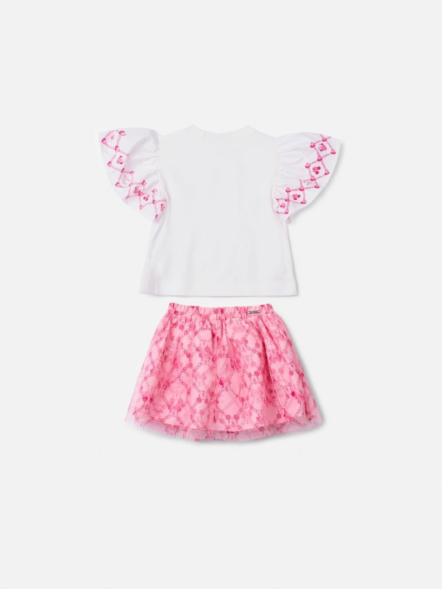 Conjunto Infantil Animê Verão com Saia Rosa em Tule e Blusa Branca Minnie Corações Disney