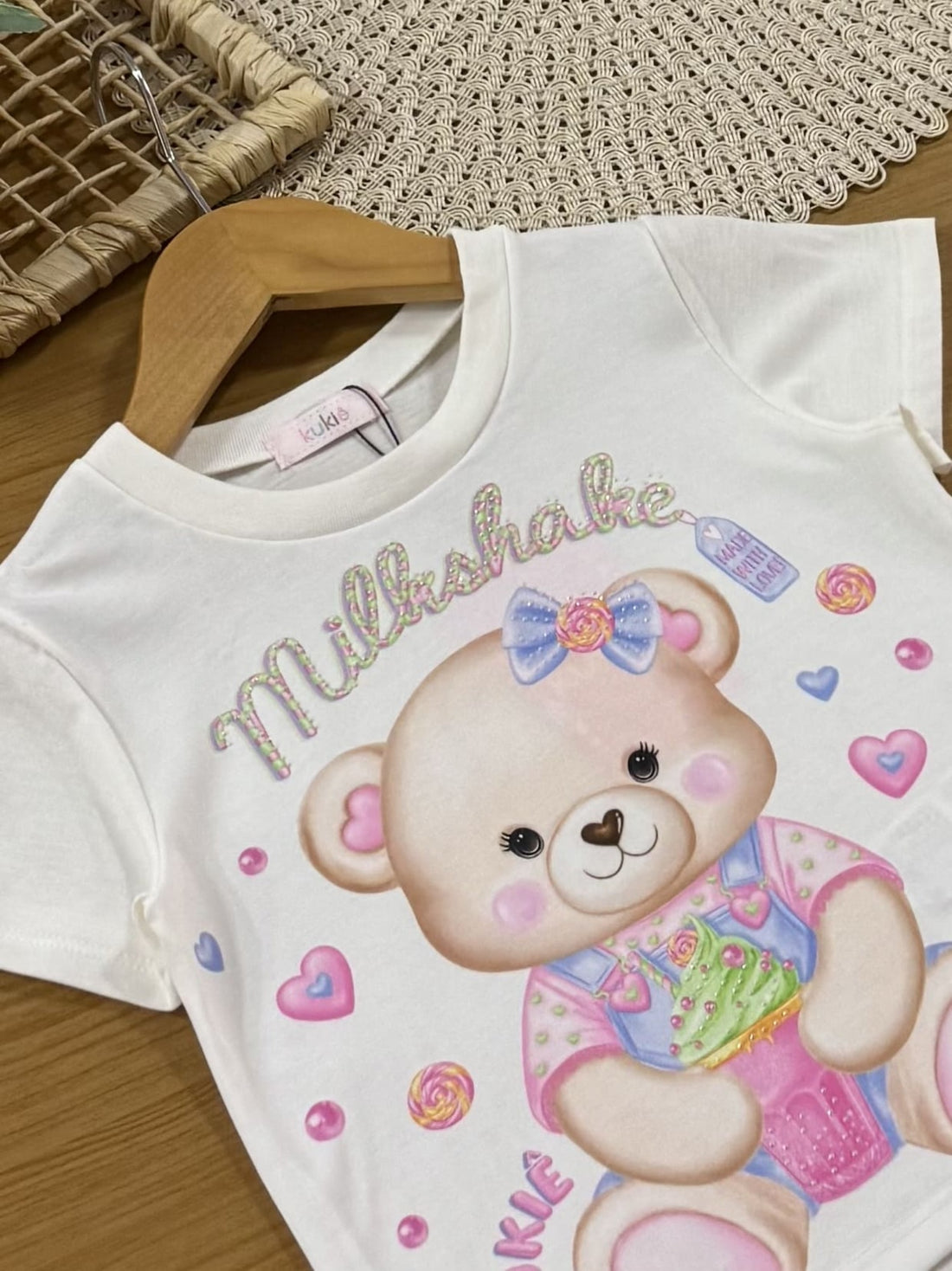 Blusa Infantil Kukiê Verão com Strass Branco Ursinha