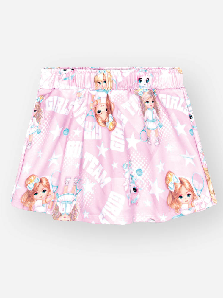 Conjunto Infantil Cinti Verão com Shorts Saia Rosa Estampado e Regata Estrelinha