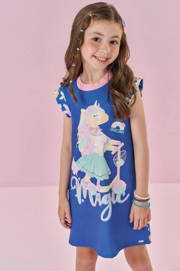 Vestido Infantil Kukiê Verão Azul Unicórnio