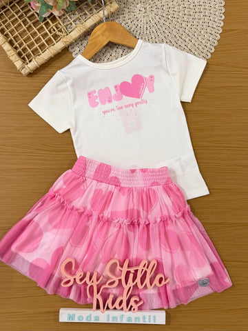 Conjunto Infantil Cinti Inverno com Saia Rosa em Tule e Blusa Manga Curta Enjoy