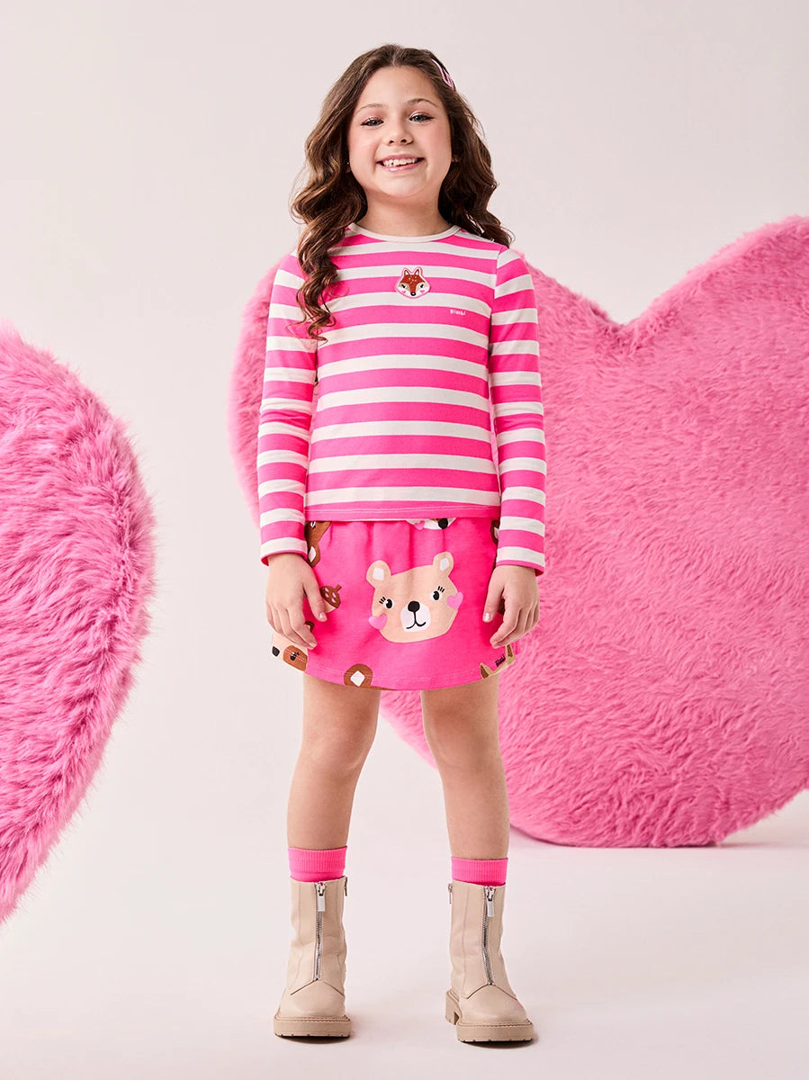 Conjunto Infantil Bimbi Inverno com Shorts Saia e Blusa Manga Longa Rosa Listrada Raposinha
