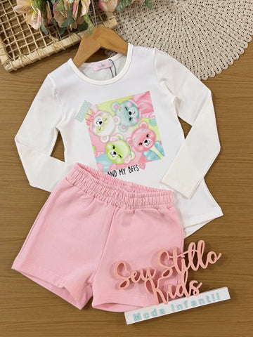 Conjunto Infantil Kukiê com Shorts Rosa e Blusa Manga Longa Ursinha Bffs