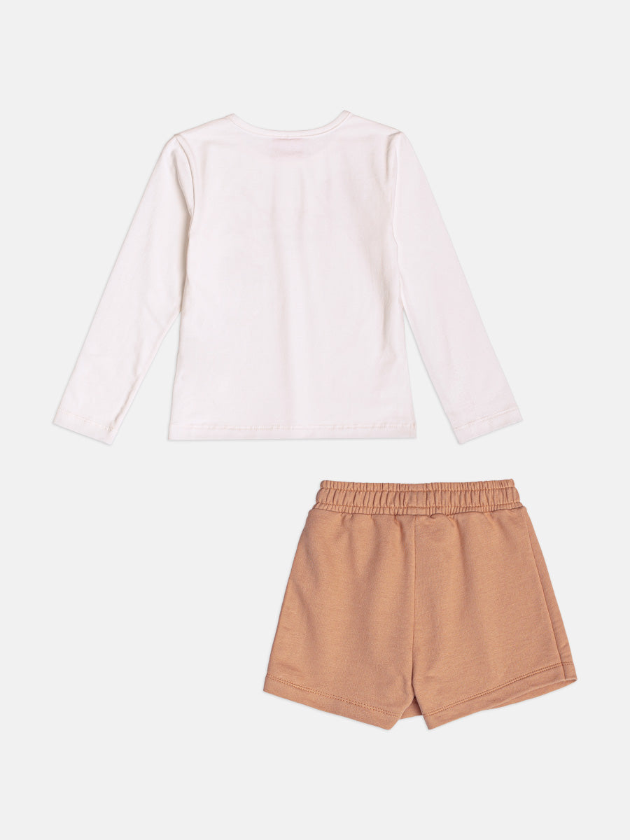 Conjunto Infantil Momi Inverno com Shorts Saia Bege e Blusa Manga Longa Ursinha Boiadeira