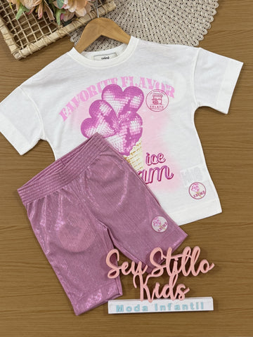 Conjunto Infantil Animê Verão com Shorts Ciclista Rosa Claro e Blusa Branca Ice Cream
