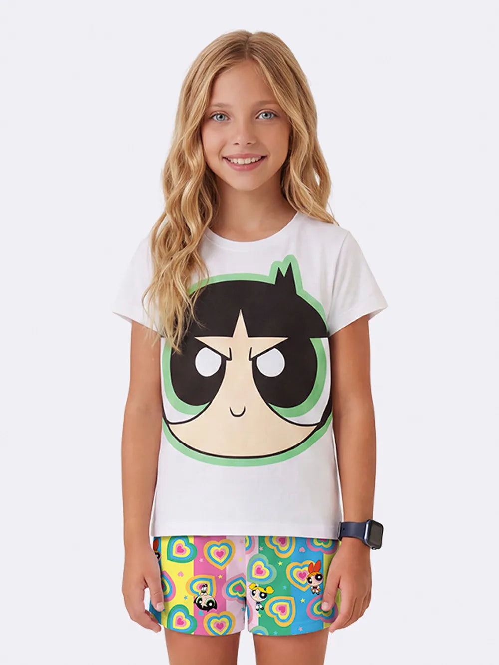 Pijama Infantil Menina Veggi com Shorts Colorido e Blusa Docinho As Meninas Superpoderosas