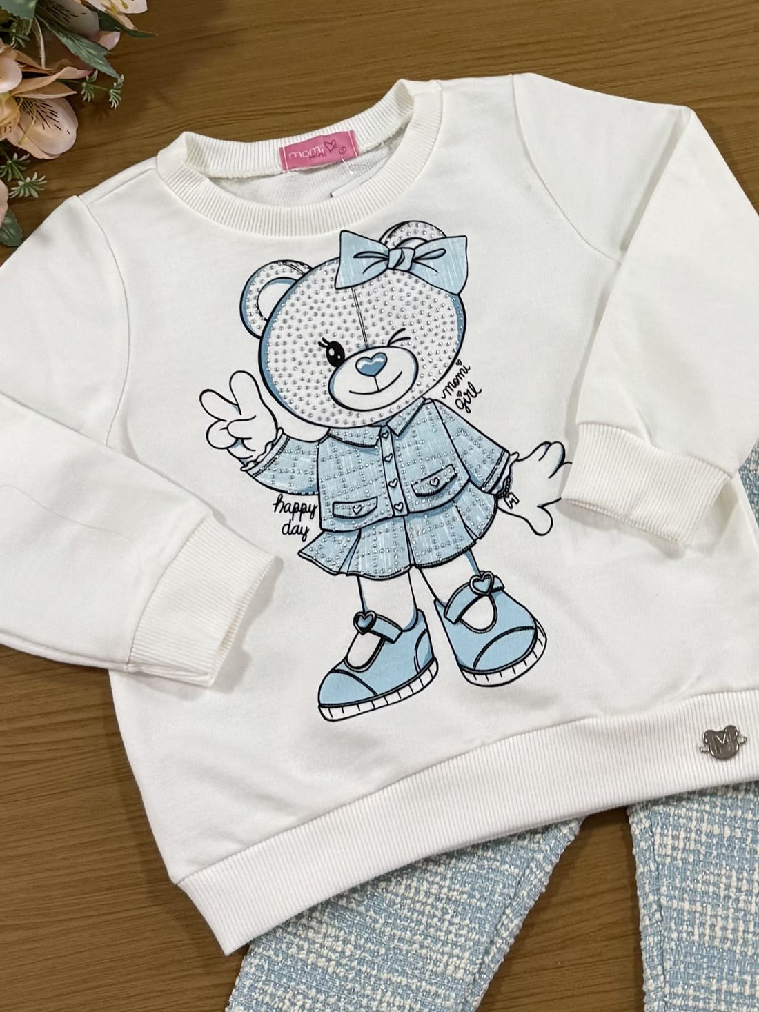 Conjunto Infantil Momi Inverno com Calça e Casaco Branco Ursinho com Strass