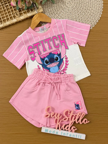 Conjunto Infantil Momi Inverno com Shorts Rosa e Blusa Manga Curta Listrada Stitch Aloha Disney