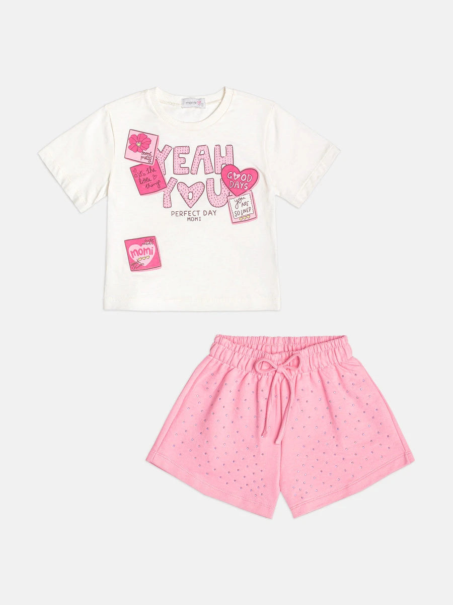 Conjunto Infantil Menia Momi, Shorts Rosa com Strass e Blusa Yeah You