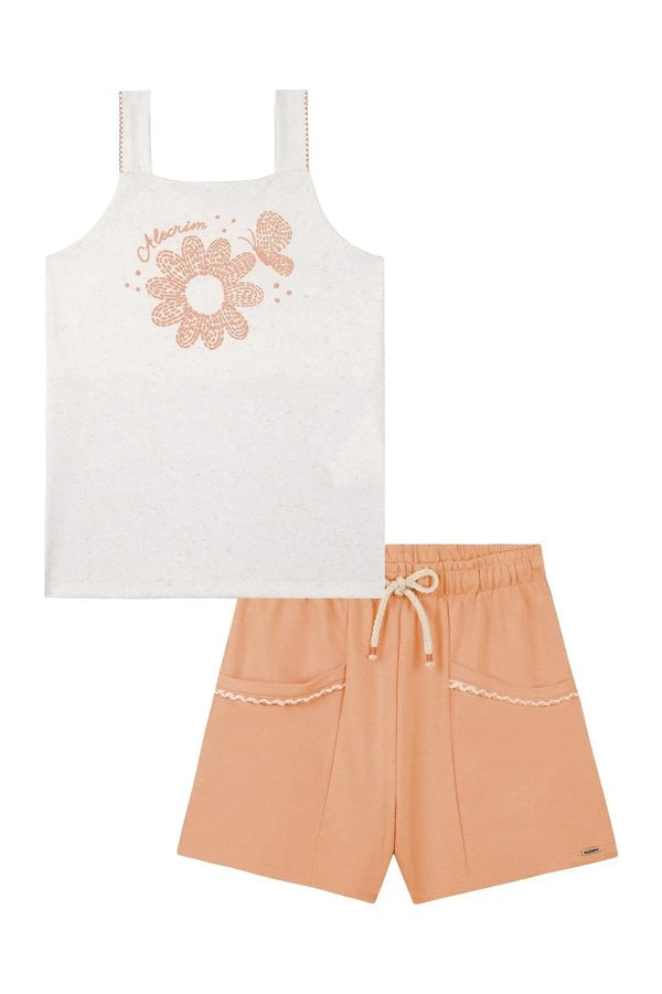 Conjunto Infantil Kukiê Verão com Shorts Laranja e Regata em Off White Florzinha