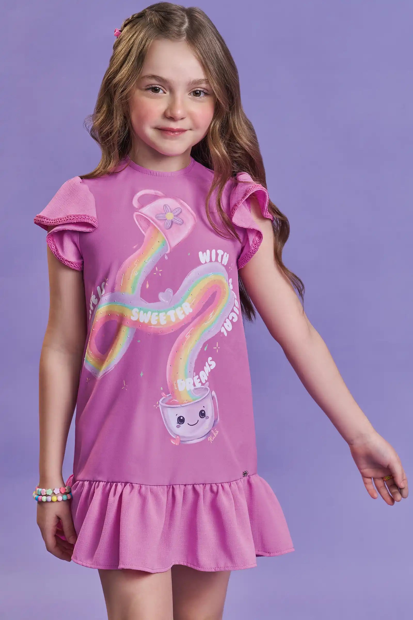 Vestido Infantil Kukiê Inverno Rosa Escuro Arco-íris
