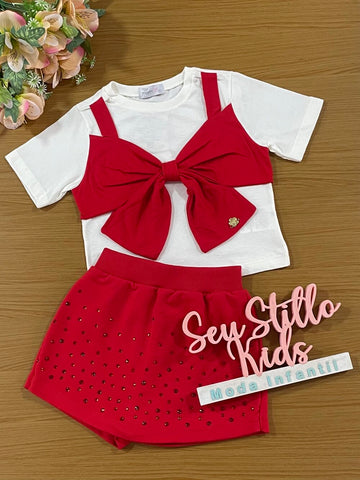 Conjunto Infantil Momi Verão Shorts Saia Vermelha e Blusa Laço Vermelho