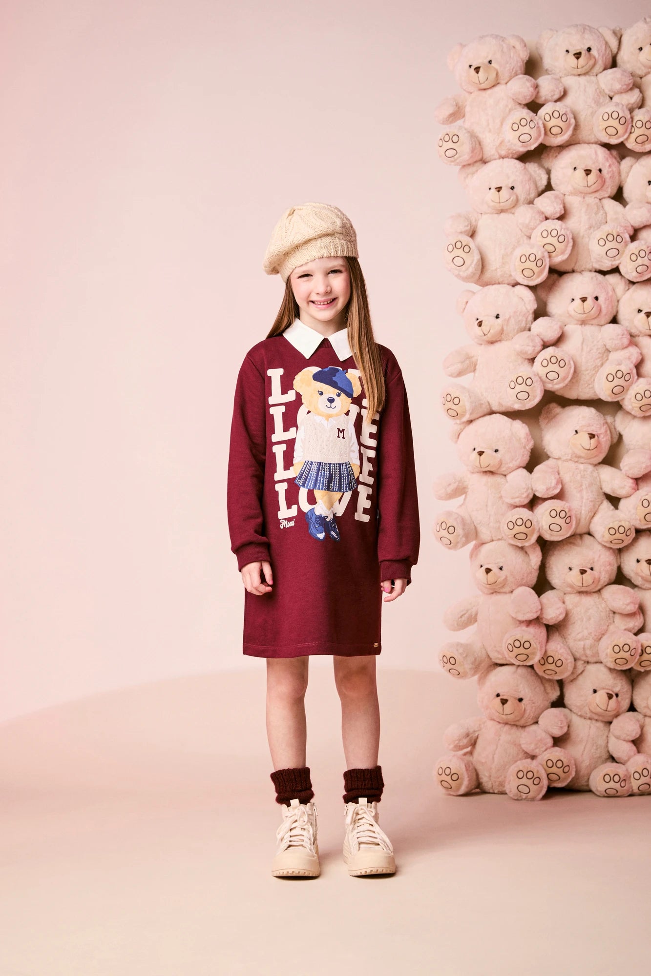 Vestido Infantil Momi Inverno Manga Longa Vinho Ursinha Love