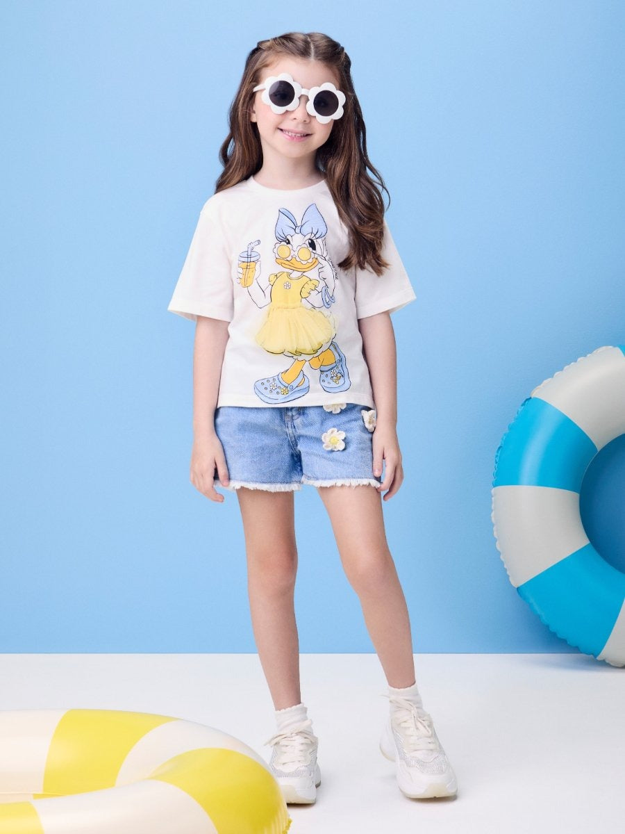 Blusa Infantil Momi Verão Branca com Detalhe emTule Daisy Duck Disney