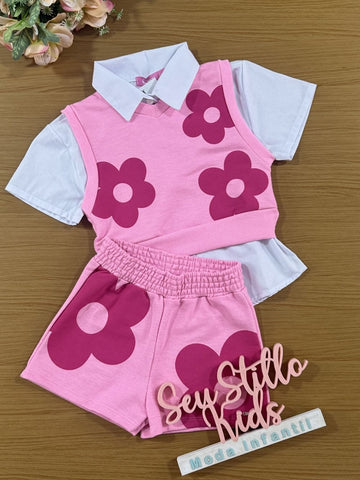Conjunto Infantil Cinti Verão Shorts, Camisete e Colete Rosa Flor