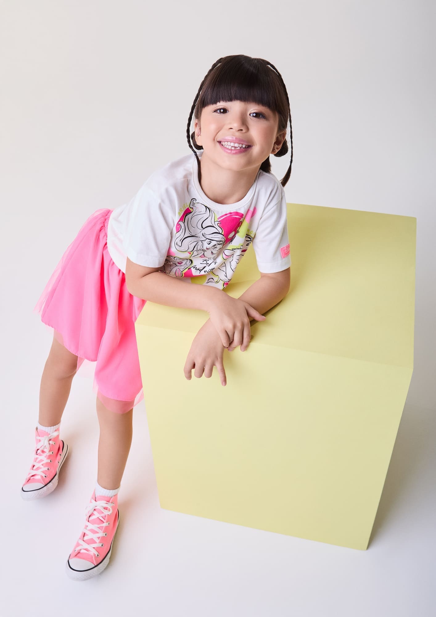 Conjunto Infantil Bimbi Verão com Saia em Tule Rosa e Blusa Branca Princesas Disney
