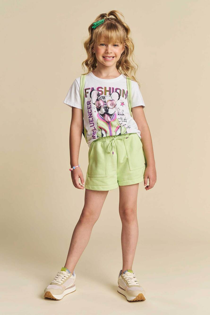 Conjunto Infantil Kukie Verão Shorts e Blusa Dog Fashion com Bolsinha