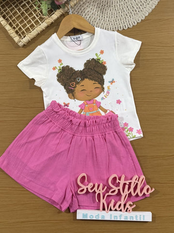 Conjunto Infantil Kukiê Alecrim com Shorts Rosa e Blusa Manga Curta Menina no Jardim