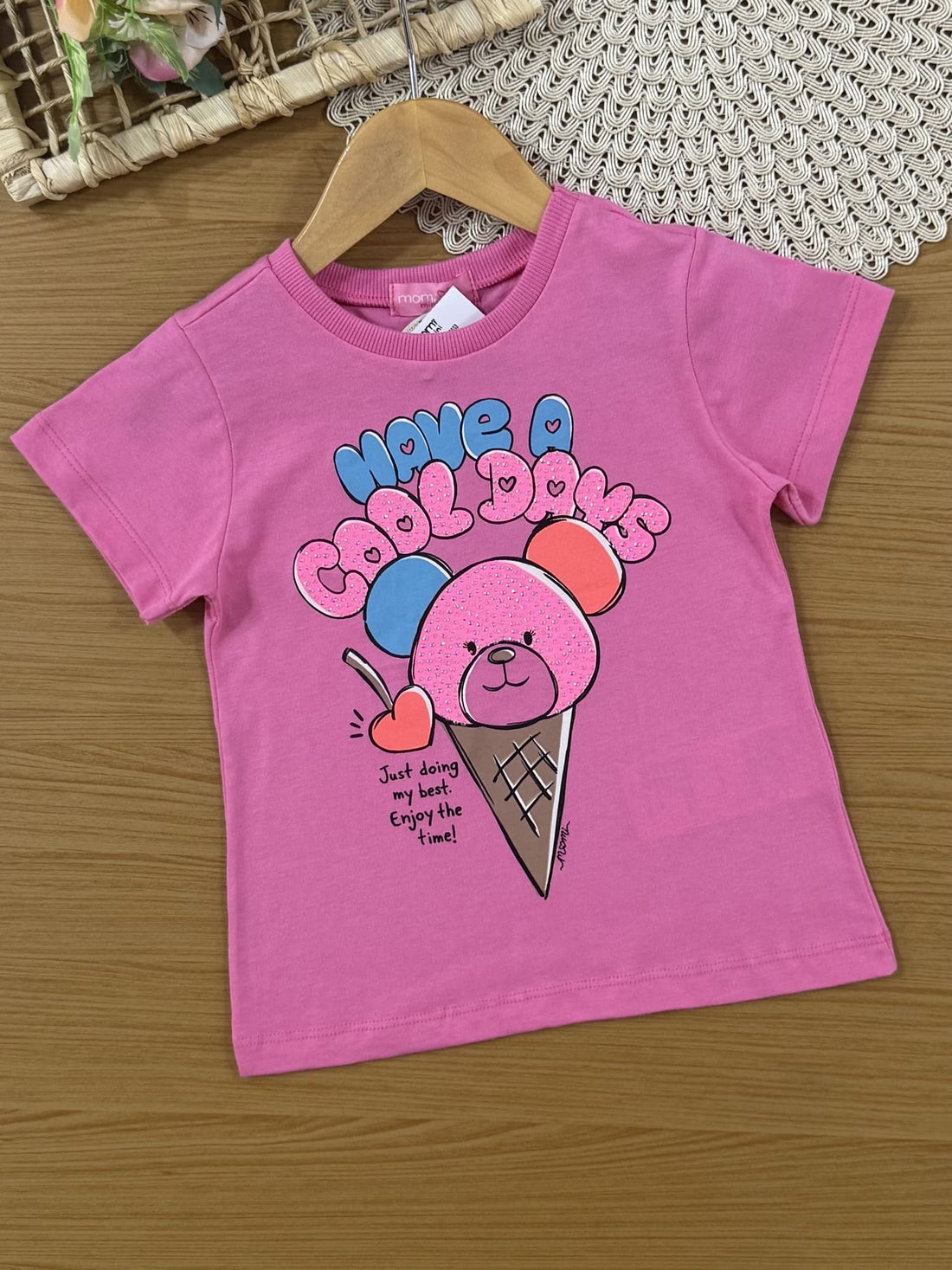 Conjunto Infantil Momi Verão com Shorts Ciclista Bege e Blusa Rosa Ursinho Sorvete