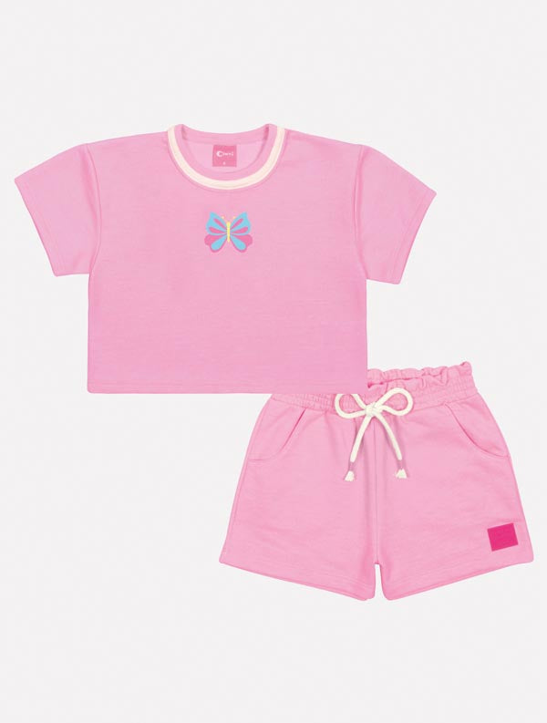 Conjunto Infantil Cinti Verão Shorts e Blusa Rosa Borboletinha