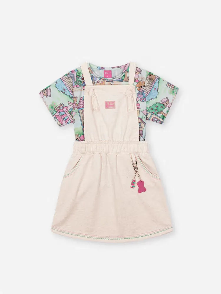 Salopete Infantil Cinti Off White com Blusa Cidade Colorida