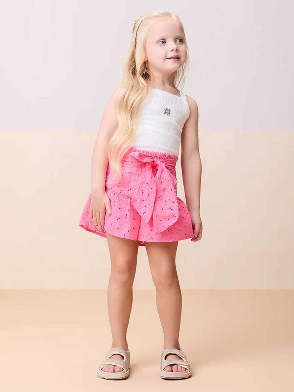 Conjunto Infantil Momi Verão Shorts Laise Rosa e Regata