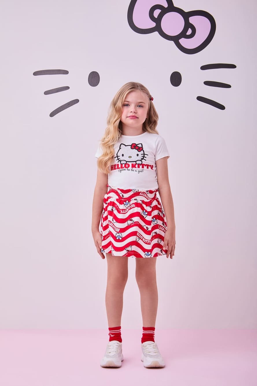 Conjunto Infantil Momi Verão Saia Vermelha e Blusa Hello Kitty