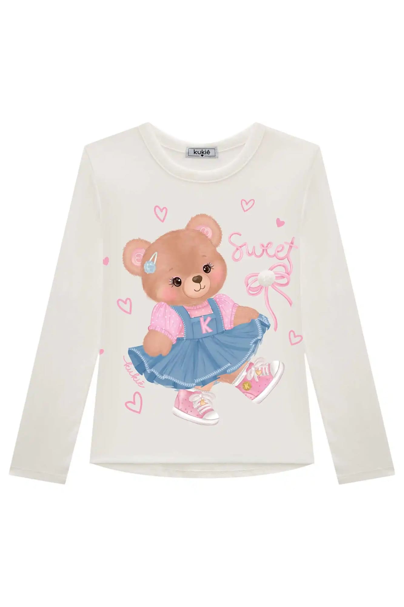 Blusa Infantil Kukie Inverno Manga Longa Branca Ursinha Bailarina