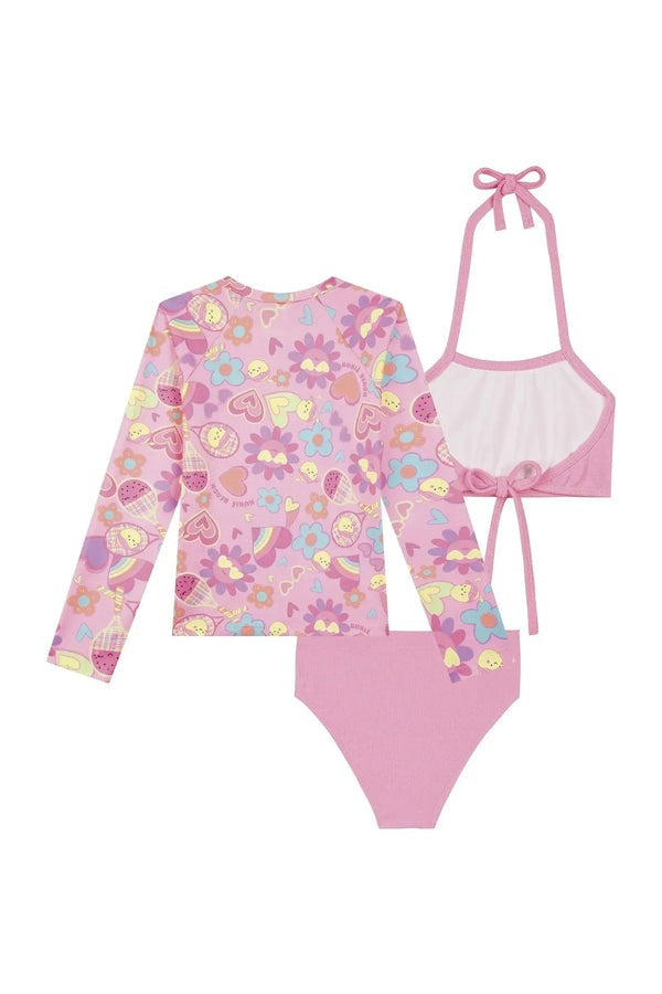 Biquíni Infantil Kukiê Verão Rosa com Blusa Manga Longa Bolinha de Tênis