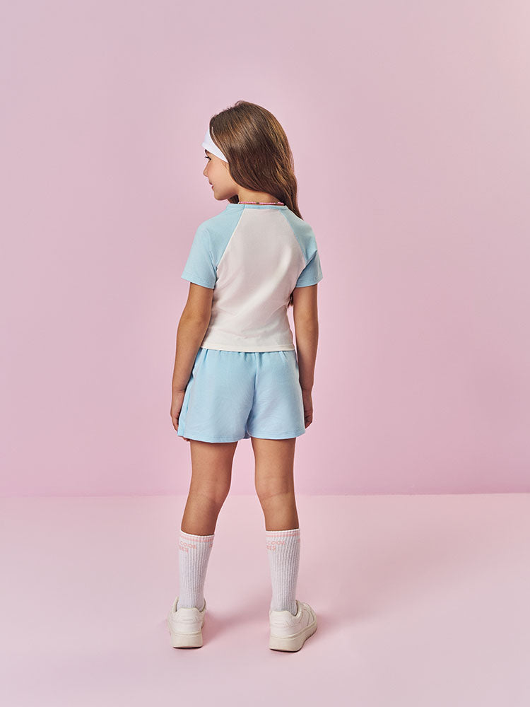 Conjunto Infantil Cinti Verão com Shorts Saia Azul e Blusa Branca Princess