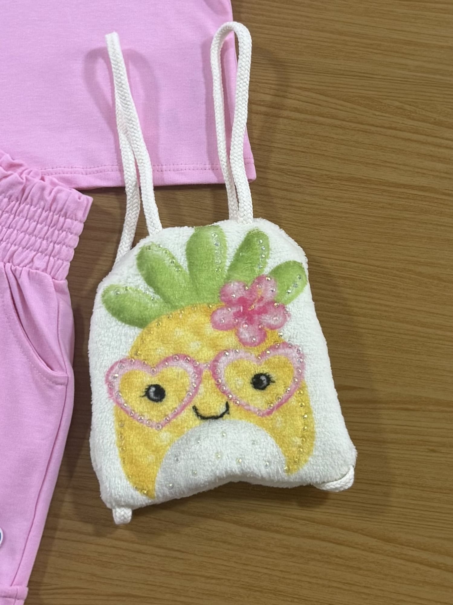Conjunto Infantil Cinti Verão com Shorts e Blusa Rosa Fruits com Bolsinha