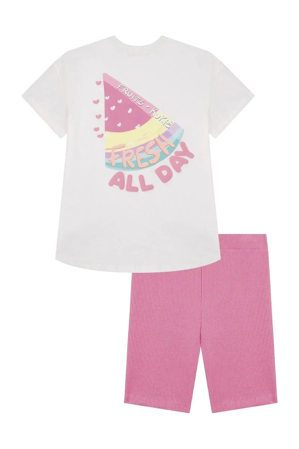 Conjunto Infantil Kukiê Verão com Shorts Ciclista Rosa e Blusa Branca Fresh