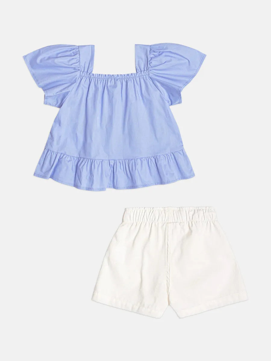 Conjunto Infantil Menina Momi com Shorts Branco e Blusa Azul Flores